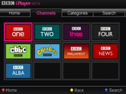 BBC iPlayer channel selection on a Humax Freesat box